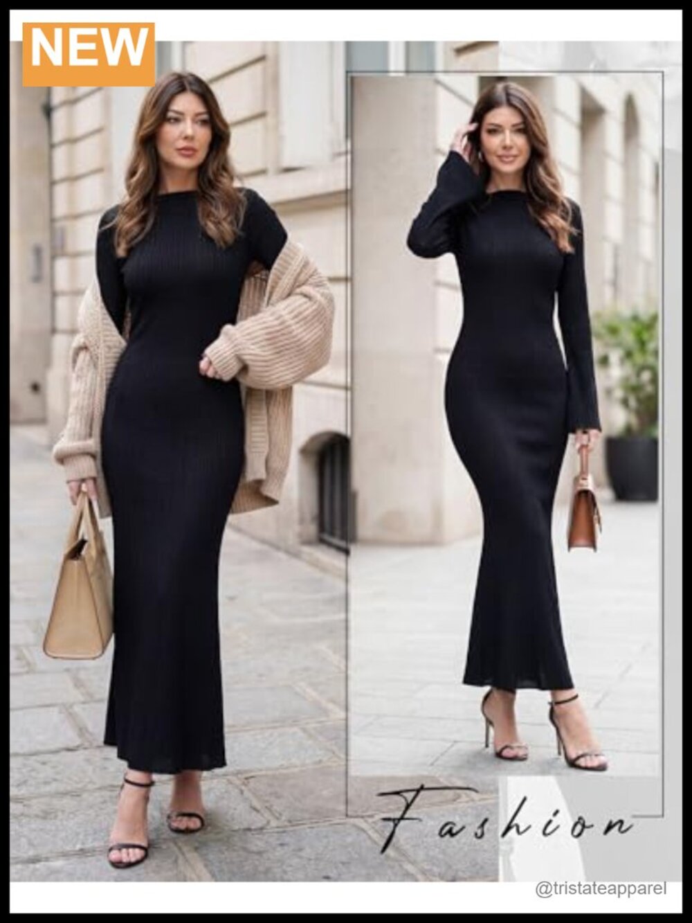 Women Long Sleeve Maxi Dress Ribbed Knit Bodycon Flare Sleeve Crew Neck Fitted - Picture 3 of 5
